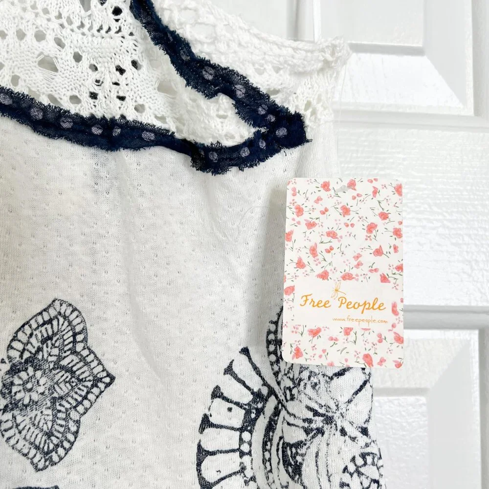 Free People Mandolin White and Navy Blue Crochet High Neck Halter Top - Picture 6 of 7